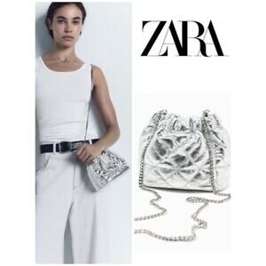 ZARA Silver Metallic Quilted Mini Bucket Bag